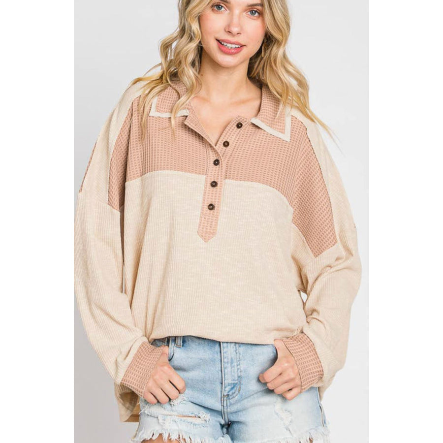 Waffle-Knit Color Block Half Button Long Sleeve Top Apparel and Accessories