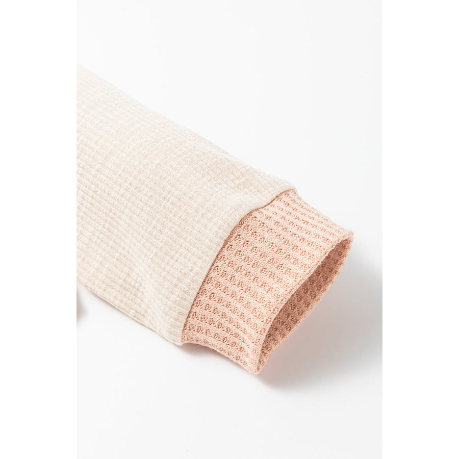 Waffle-Knit Color Block Half Button Long Sleeve Top Apparel and Accessories