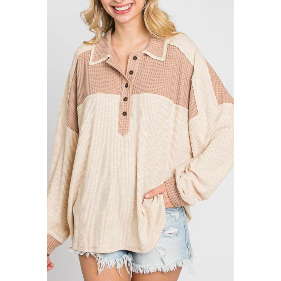 Waffle-Knit Color Block Half Button Long Sleeve Top Eggshell / S Apparel and Accessories