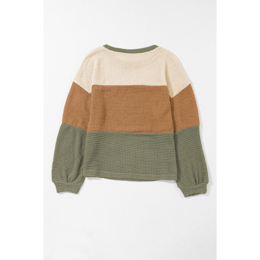 Waffle-Knit Color Block Round Neck Long Sleeve Blouse Apparel and Accessories