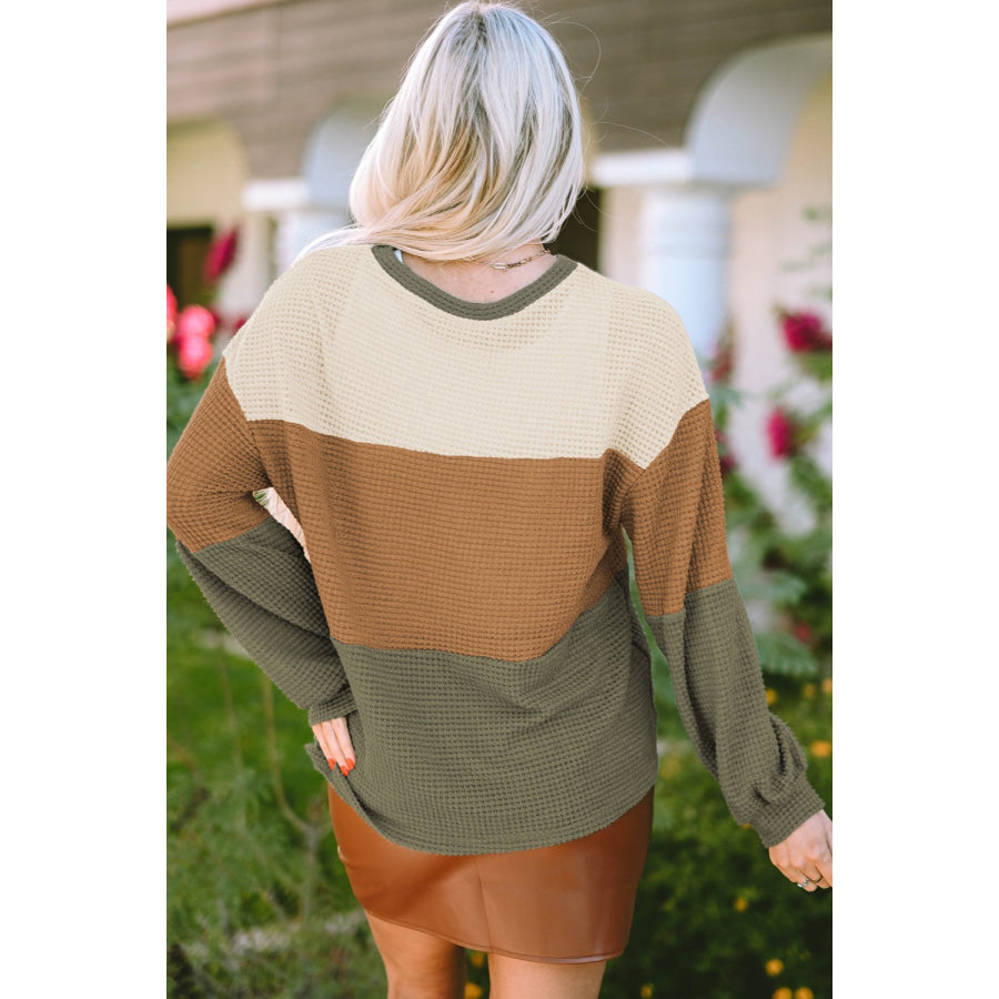 Waffle-Knit Color Block Round Neck Long Sleeve Blouse Apparel and Accessories