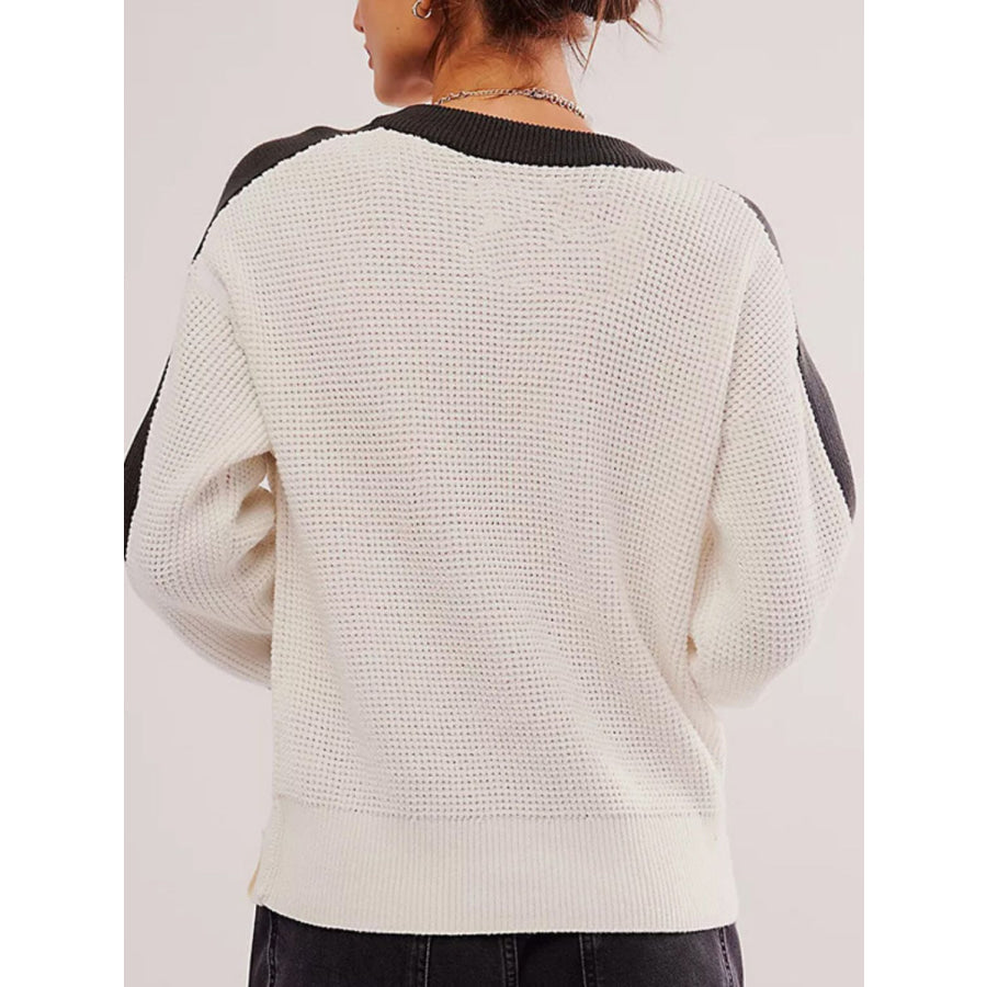 Waffle-Knit Contrast Round Neck Sweater Apparel and Accessories