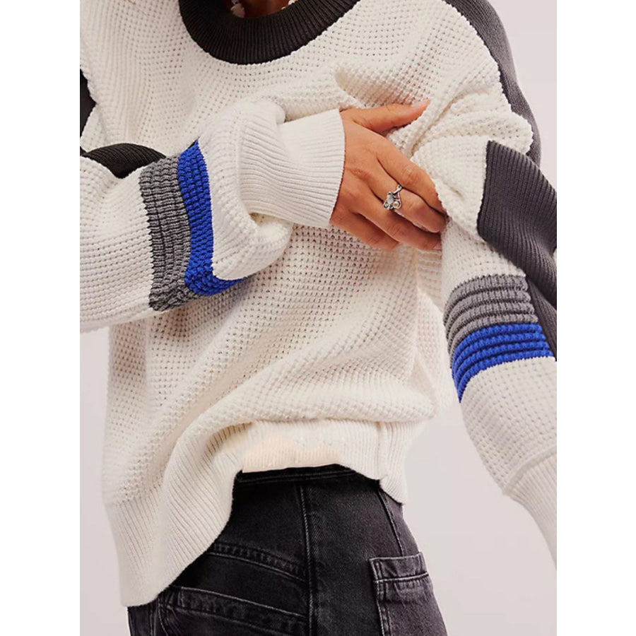 Waffle-Knit Contrast Round Neck Sweater Apparel and Accessories