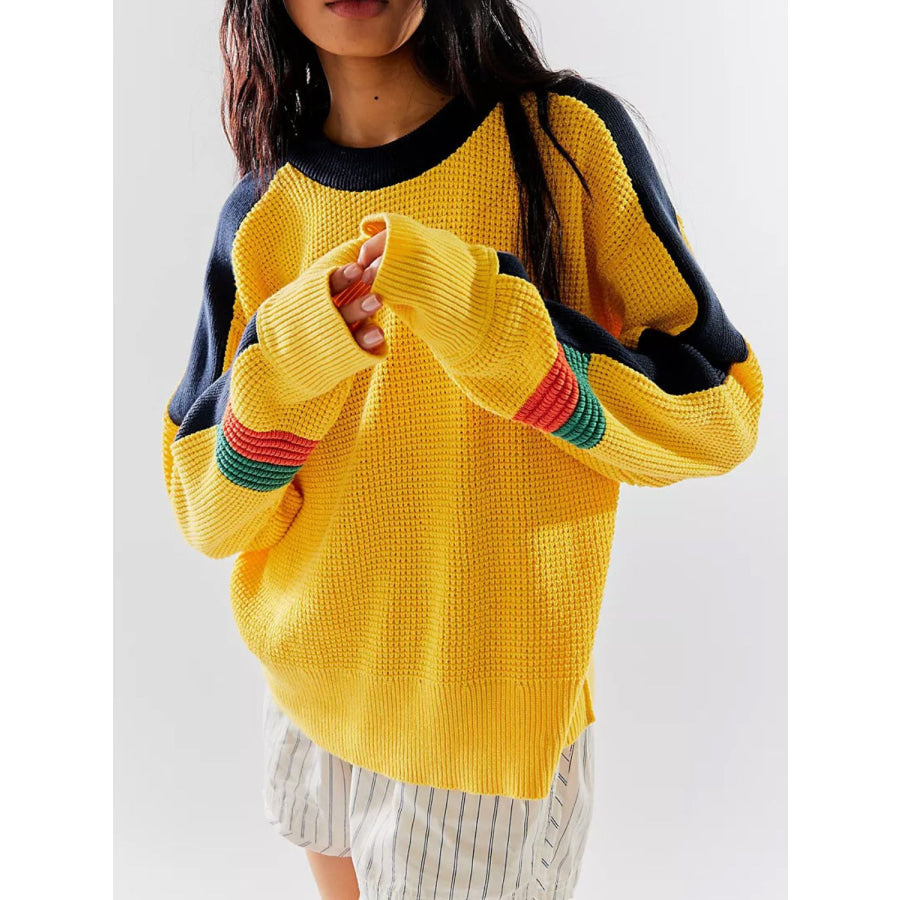 Waffle-Knit Contrast Round Neck Sweater Gold / One Size Apparel and Accessories