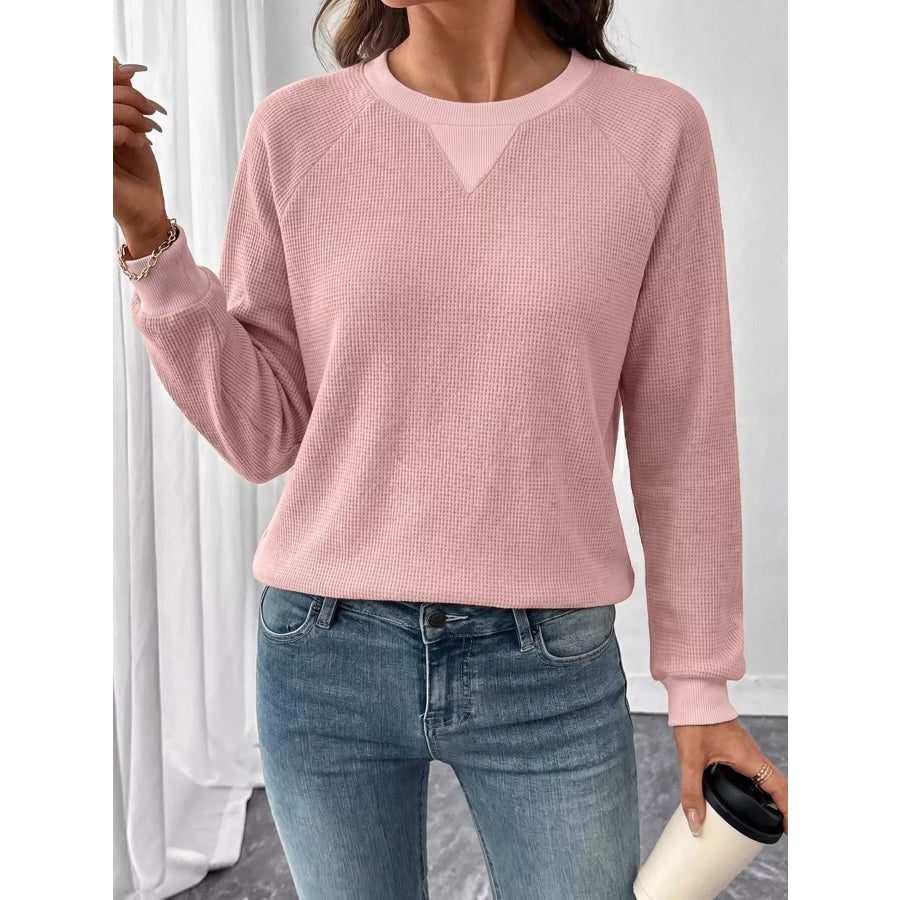 Waffle Knit Crew Neck Long Sleeve Sweatshirt Apparel and Accessories
