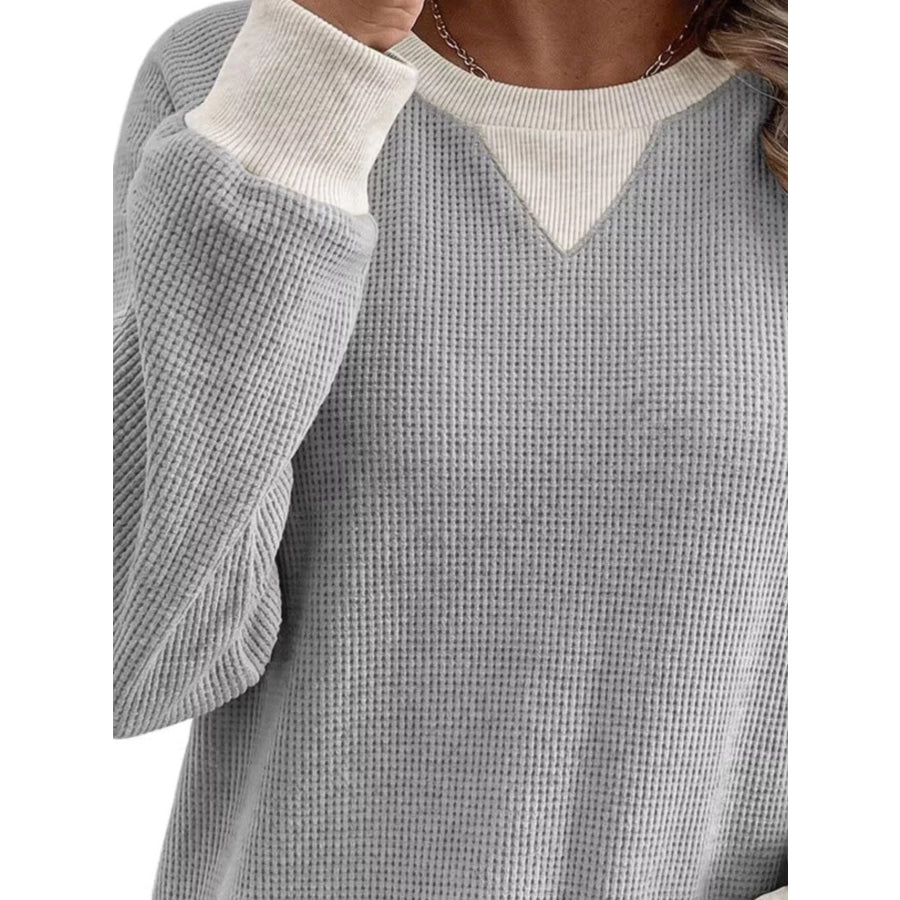 Waffle Knit Crew Neck Long Sleeve Sweatshirt Apparel and Accessories