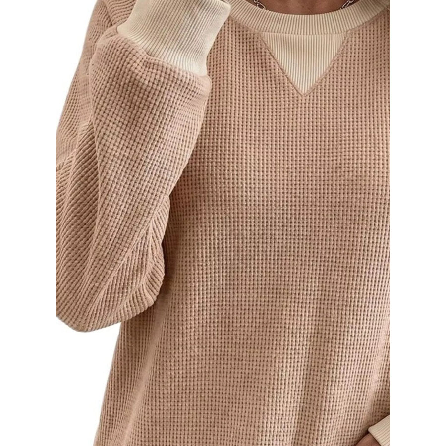 Waffle Knit Crew Neck Long Sleeve Sweatshirt Apparel and Accessories