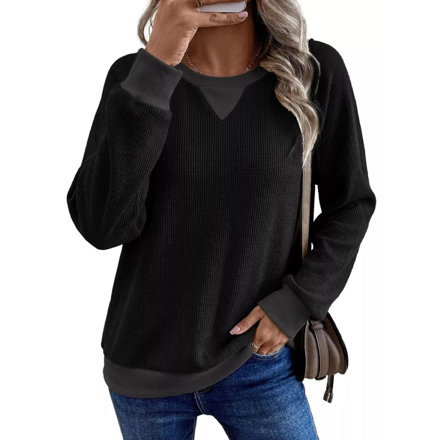 Waffle Knit Crew Neck Long Sleeve Sweatshirt Apparel and Accessories
