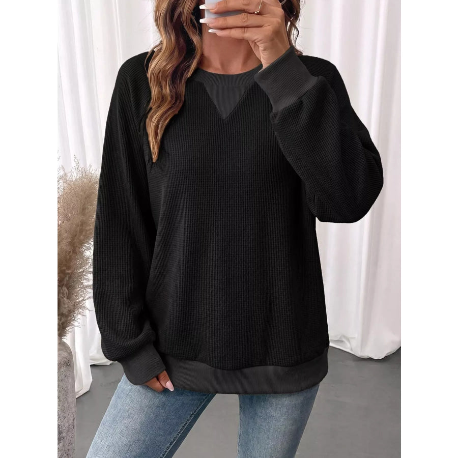 Waffle Knit Crew Neck Long Sleeve Sweatshirt Apparel and Accessories