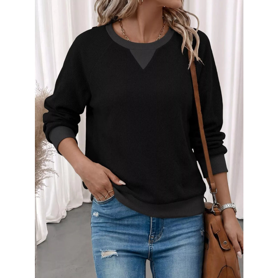 Waffle Knit Crew Neck Long Sleeve Sweatshirt Apparel and Accessories