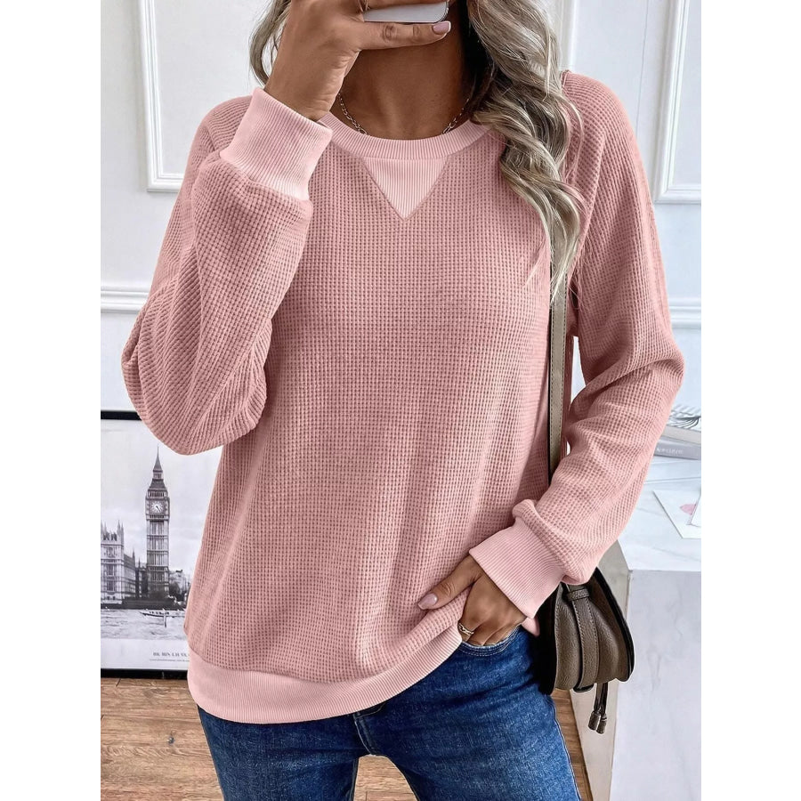 Waffle Knit Crew Neck Long Sleeve Sweatshirt Apparel and Accessories
