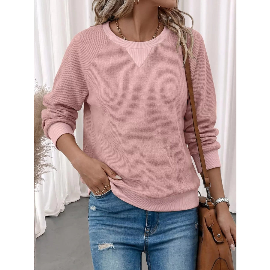 Waffle Knit Crew Neck Long Sleeve Sweatshirt Apparel and Accessories