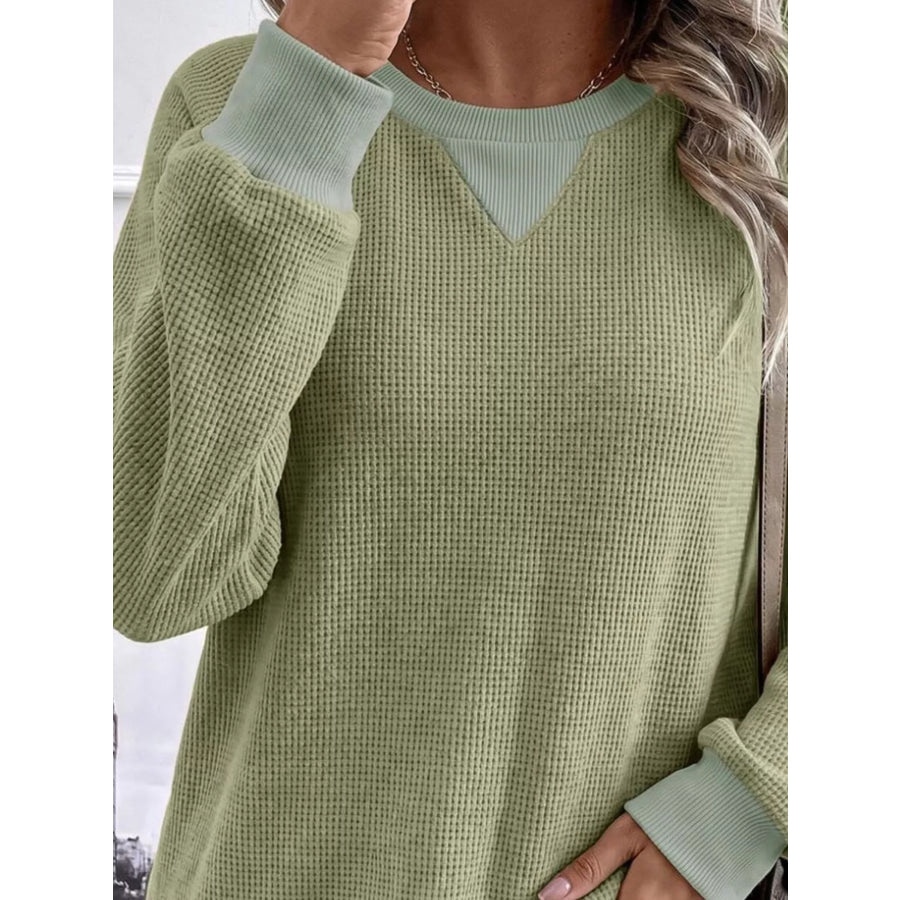 Waffle Knit Crew Neck Long Sleeve Sweatshirt Apparel and Accessories