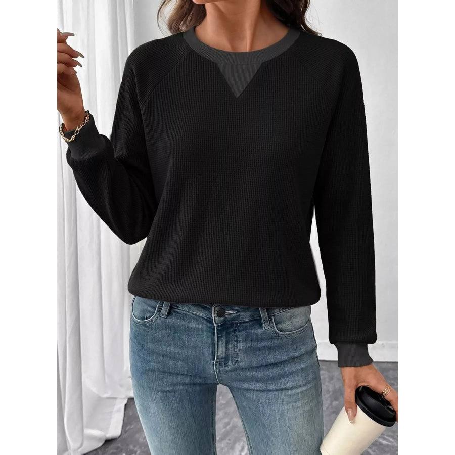 Waffle Knit Crew Neck Long Sleeve Sweatshirt Black / S Apparel and Accessories