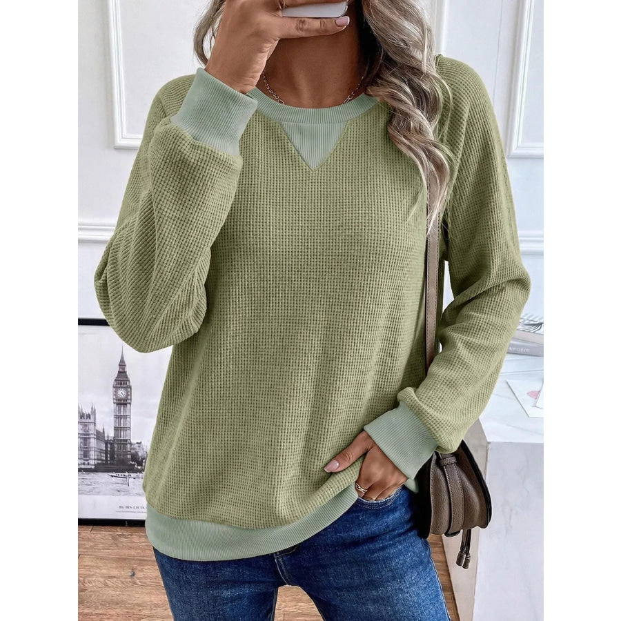Waffle Knit Crew Neck Long Sleeve Sweatshirt Green / S Apparel and Accessories