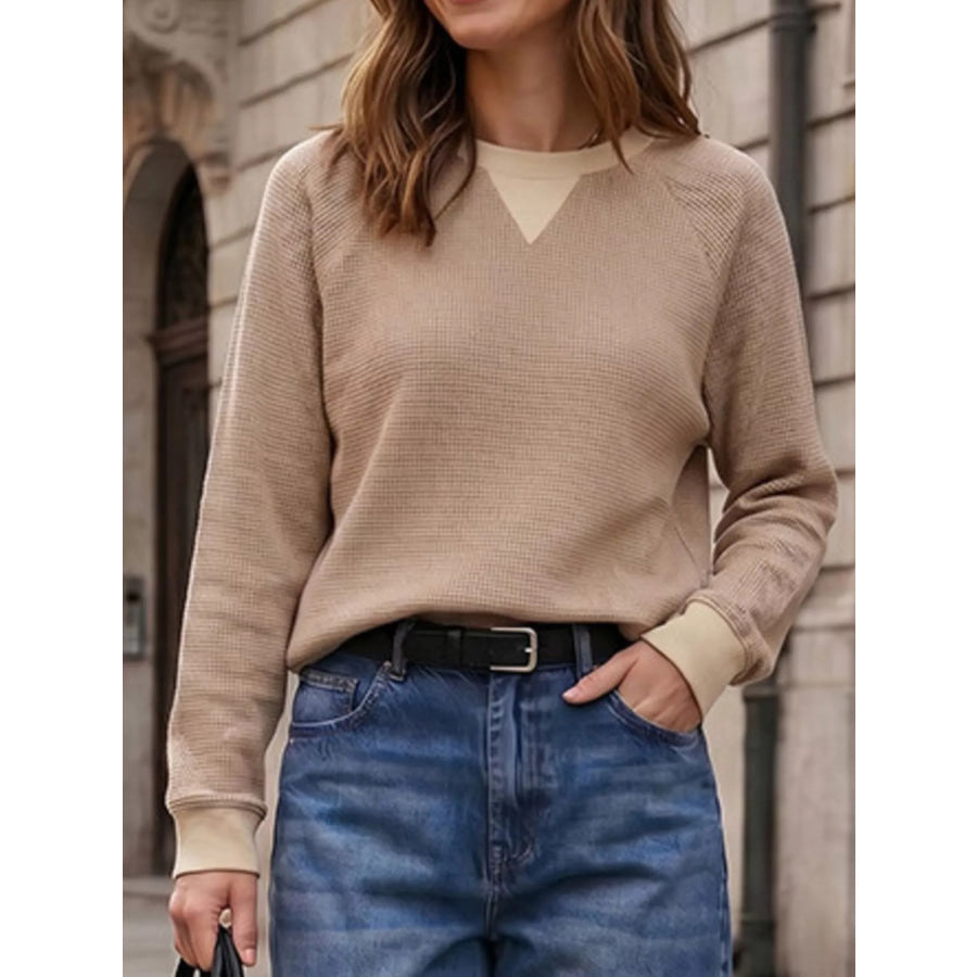 Waffle Knit Crew Neck Long Sleeve Sweatshirt Khaki / S Apparel and Accessories