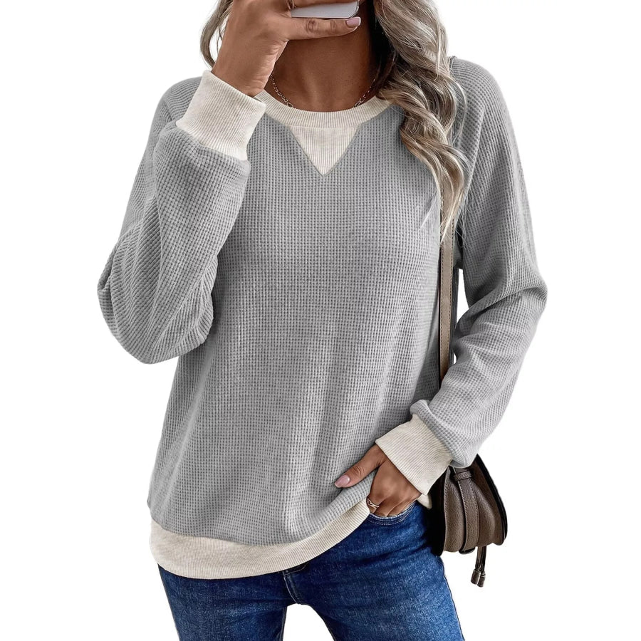 Waffle Knit Crew Neck Long Sleeve Sweatshirt Light Gray / S Apparel and Accessories