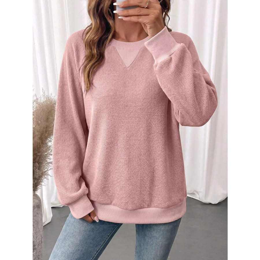 Waffle Knit Crew Neck Long Sleeve Sweatshirt Pink / S Apparel and Accessories