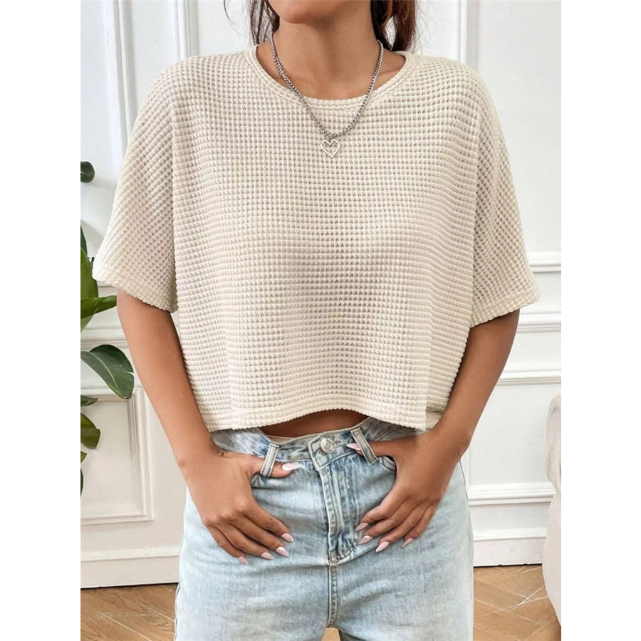 Waffle Knit Cropped T-Shirt Apricot / S Apparel and Accessories