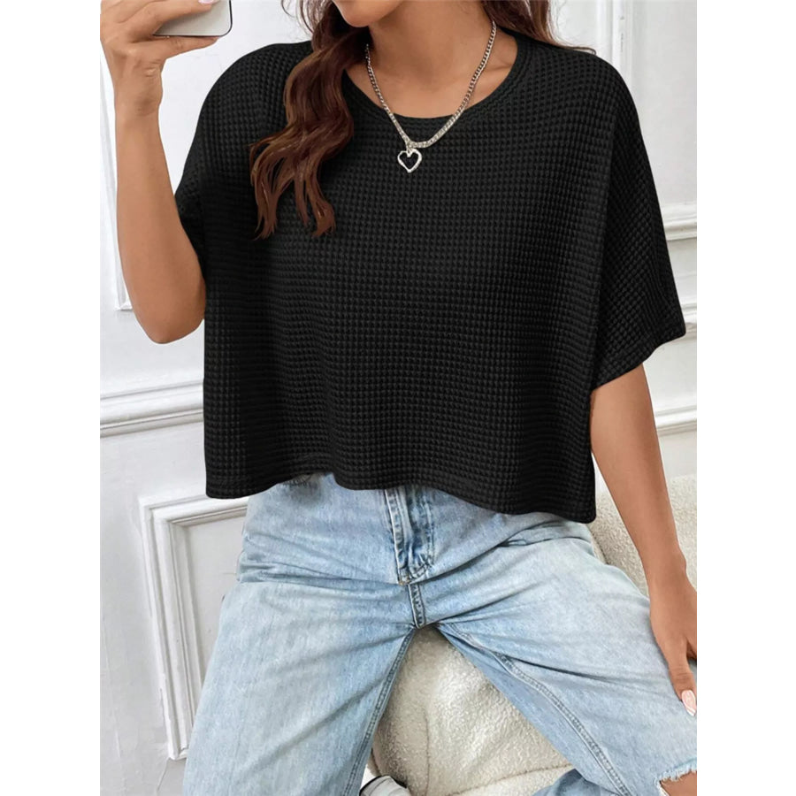 Waffle Knit Cropped T-Shirt Black / S Apparel and Accessories
