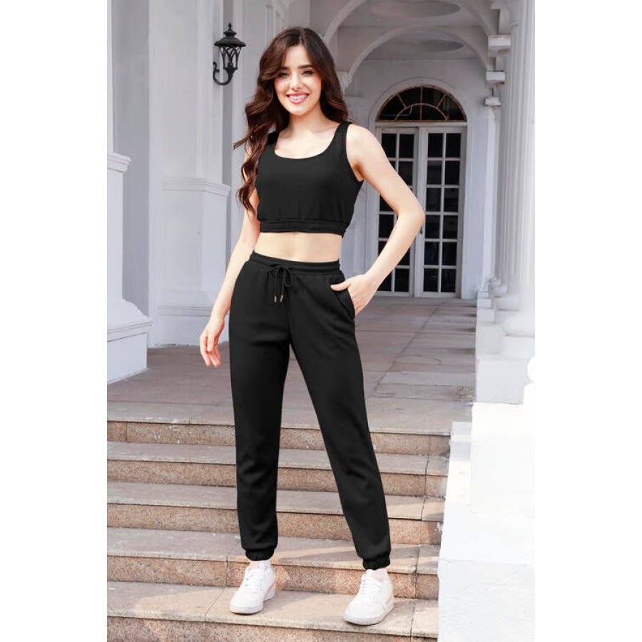 Waffle-Knit Cropped Tank and Drawstring Pants Set Black / S Clothing