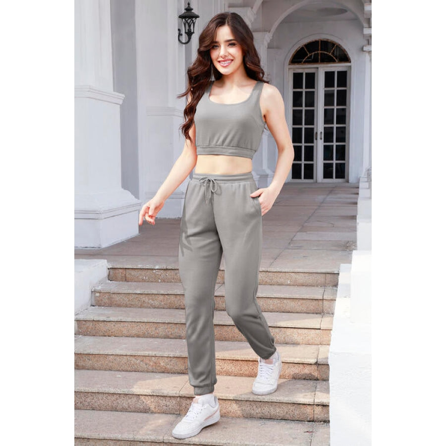 Waffle-Knit Cropped Tank and Drawstring Pants Set Charcoal / S Clothing