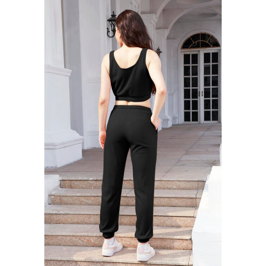 Waffle-Knit Cropped Tank and Drawstring Pants Set Clothing