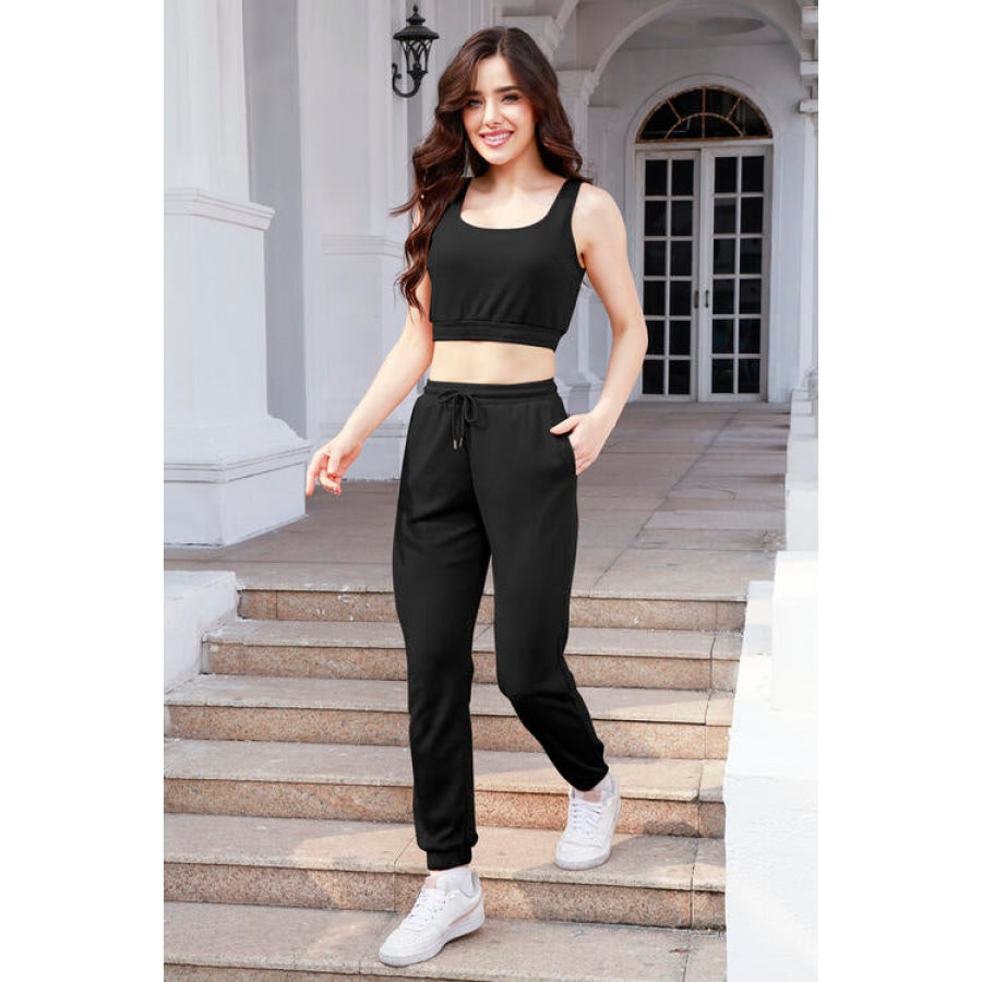 Waffle-Knit Cropped Tank and Drawstring Pants Set Clothing