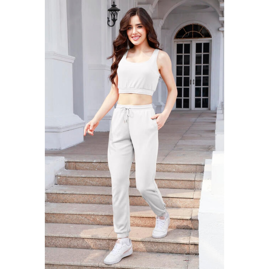 Waffle-Knit Cropped Tank and Drawstring Pants Set Clothing