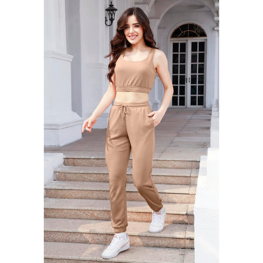 Waffle-Knit Cropped Tank and Drawstring Pants Set Clothing