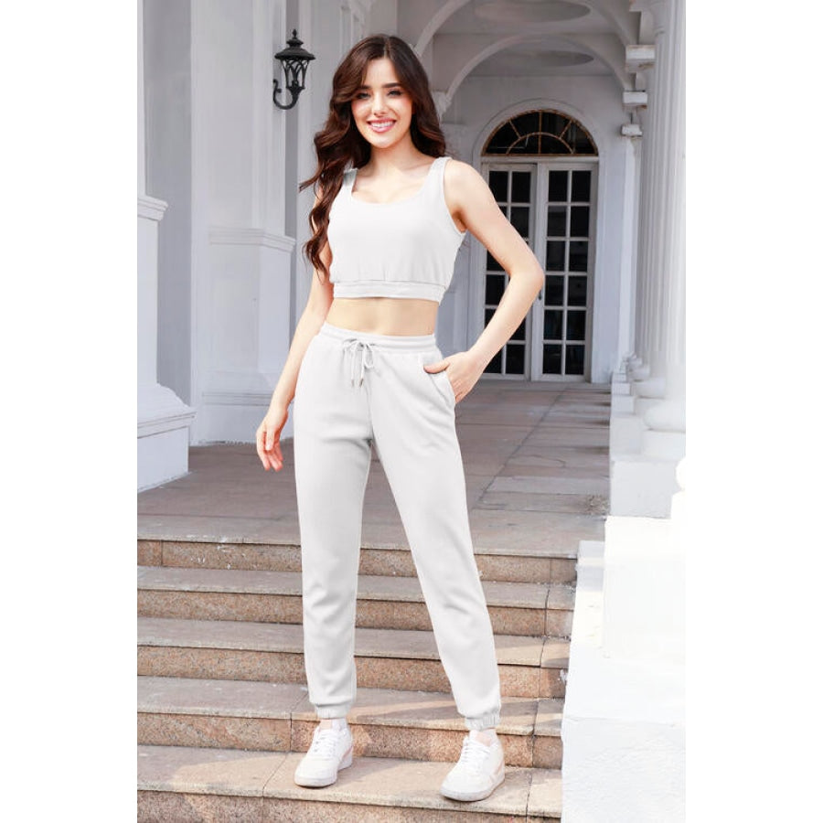 Waffle-Knit Cropped Tank and Drawstring Pants Set White / S Clothing