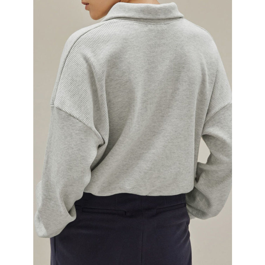 Waffle Knit Drawstring Half Zip Long Sleeve Sweatshirt Apparel and Accessories