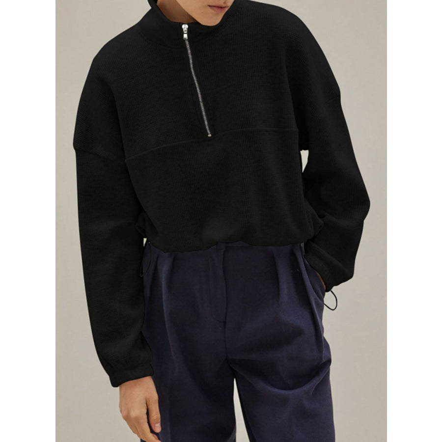 Waffle Knit Drawstring Half Zip Long Sleeve Sweatshirt Black / S Apparel and Accessories