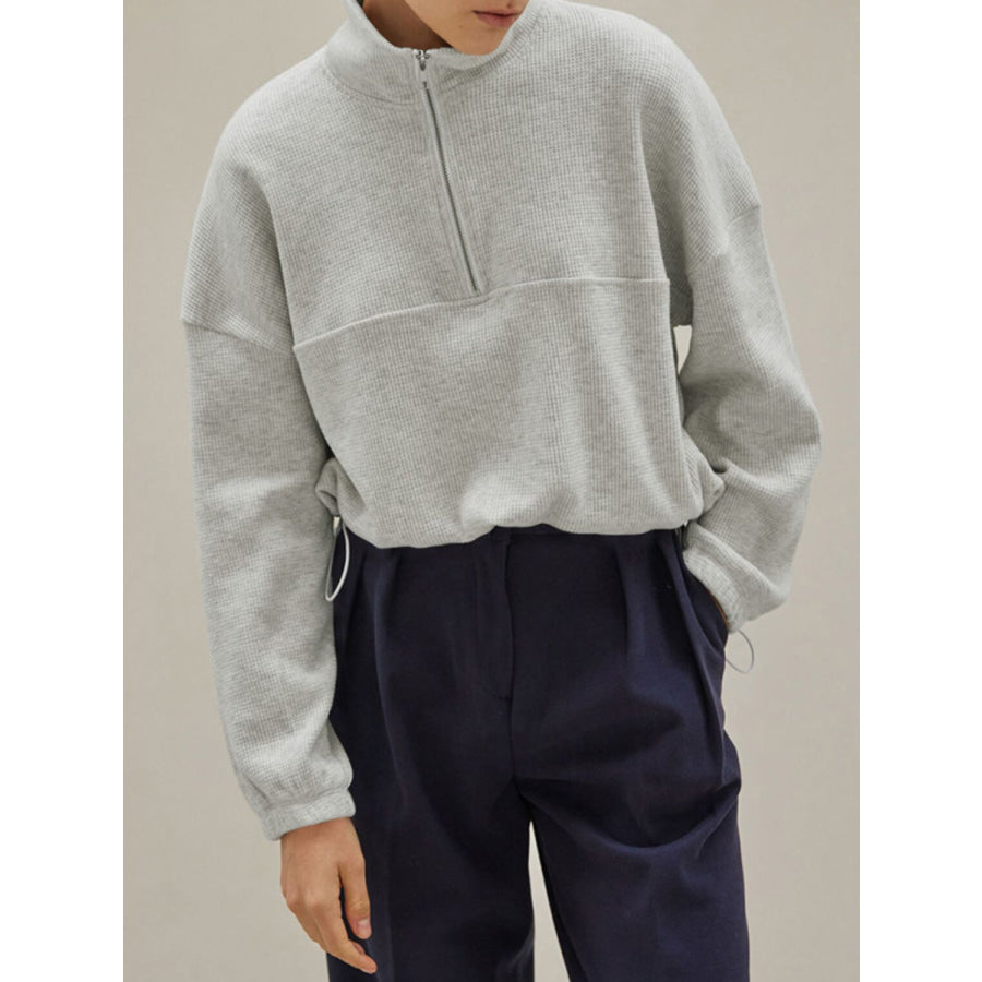 Waffle Knit Drawstring Half Zip Long Sleeve Sweatshirt Light Gray / S Apparel and Accessories