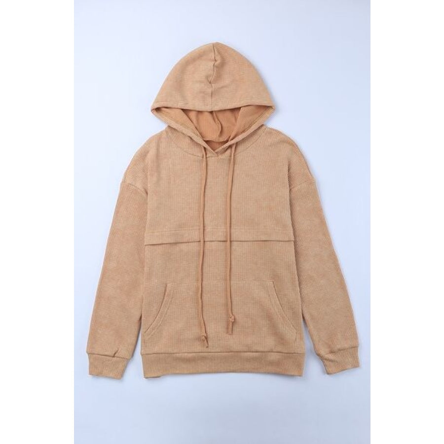 Waffle-Knit Drawstring Kangaroo Pocket Hoodie Clothing