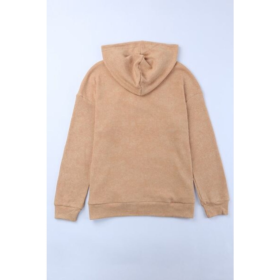 Waffle-Knit Drawstring Kangaroo Pocket Hoodie Clothing