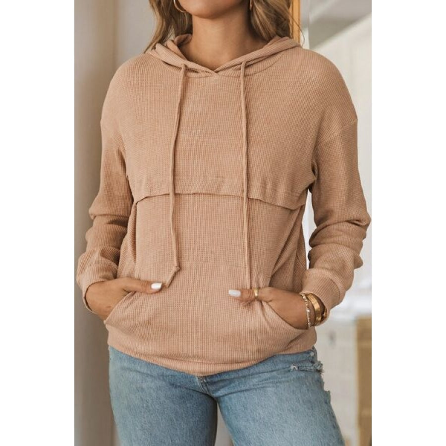 Waffle-Knit Drawstring Kangaroo Pocket Hoodie Tan / S Clothing