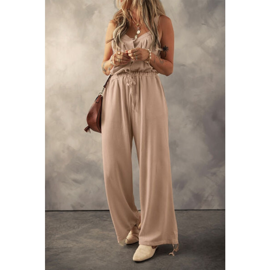 Waffle-Knit Drawstring Wide Strap Jumpsuit Apparel and Accessories