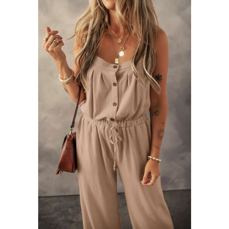 Waffle-Knit Drawstring Wide Strap Jumpsuit Apparel and Accessories