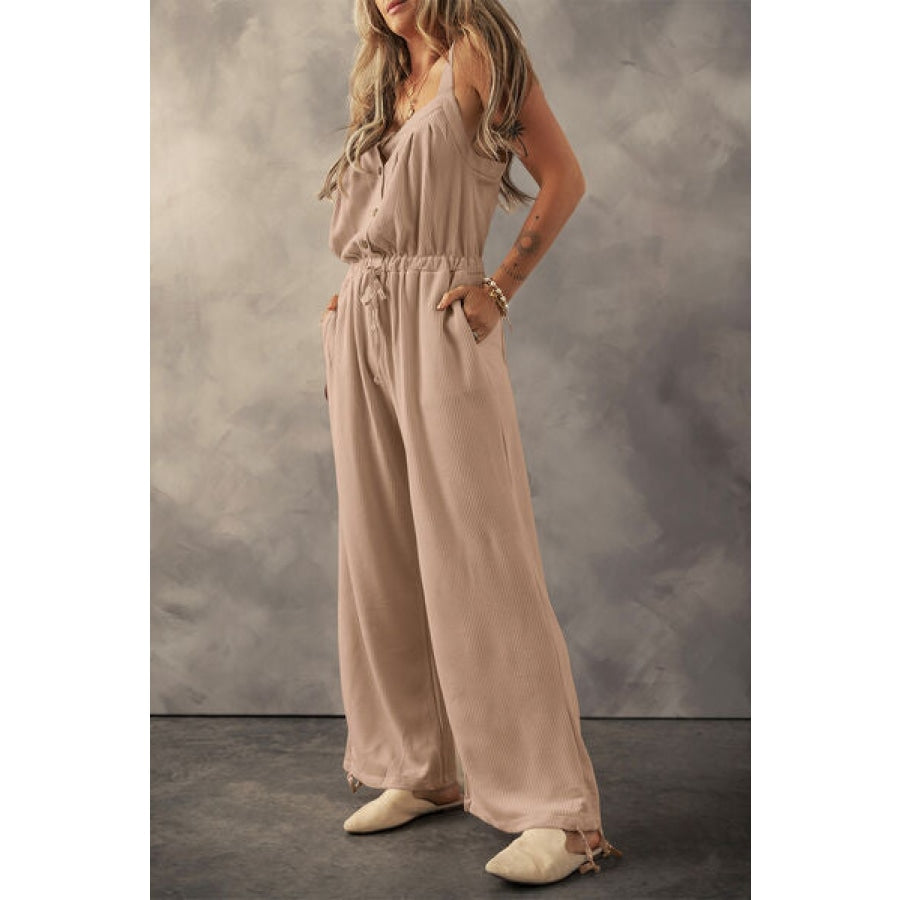 Waffle-Knit Drawstring Wide Strap Jumpsuit Dust Storm / S Apparel and Accessories