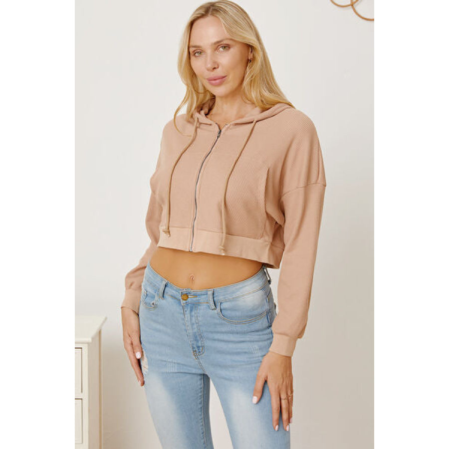 Waffle-Knit Drawstring Zip Up Hoodie Tan / S Clothing