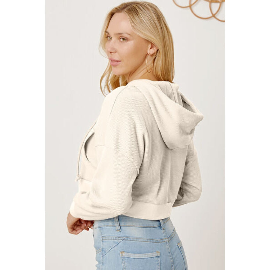 Waffle-Knit Drawstring Zip Up Hoodie Clothing