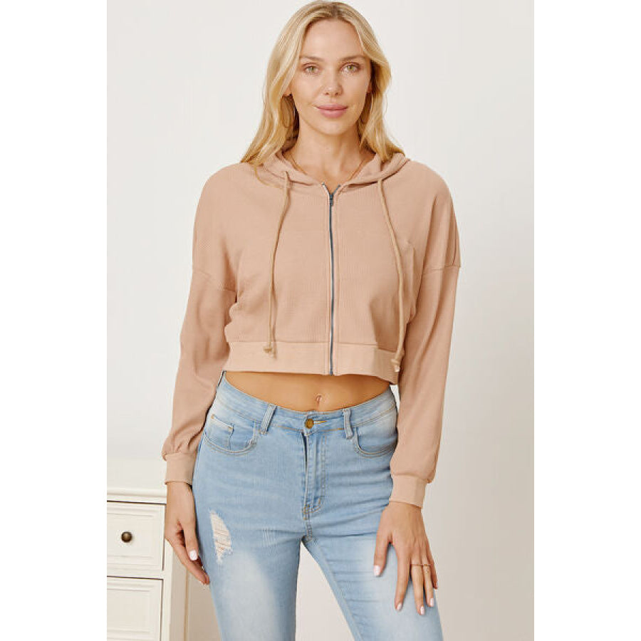 Waffle-Knit Drawstring Zip Up Hoodie Tan / S Clothing