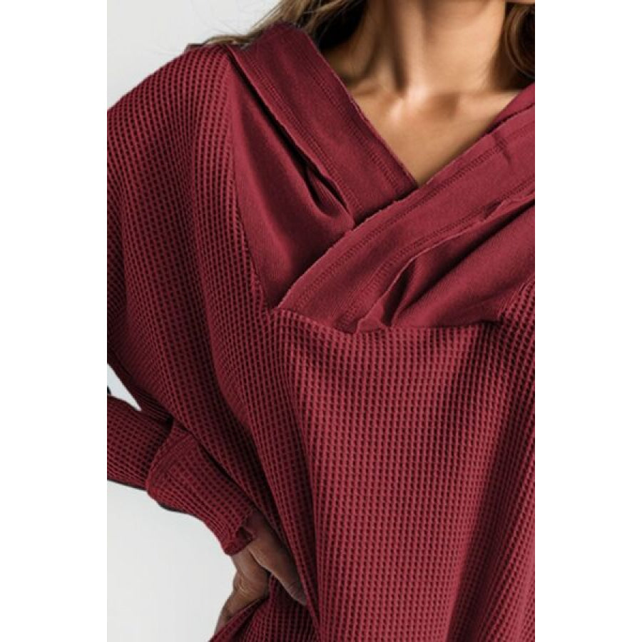 Waffle - Knit Dropped Shoulder Hoodie Wine / S Apparel and Accessories