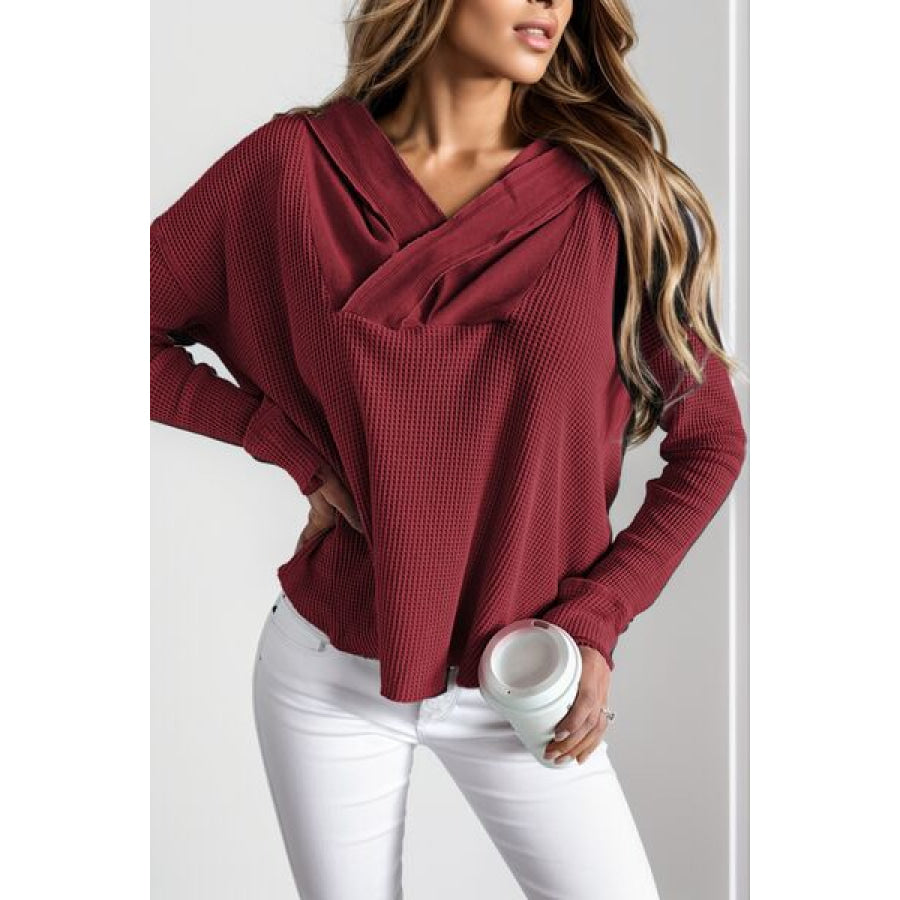 Waffle - Knit Dropped Shoulder Hoodie Wine / S Apparel and Accessories