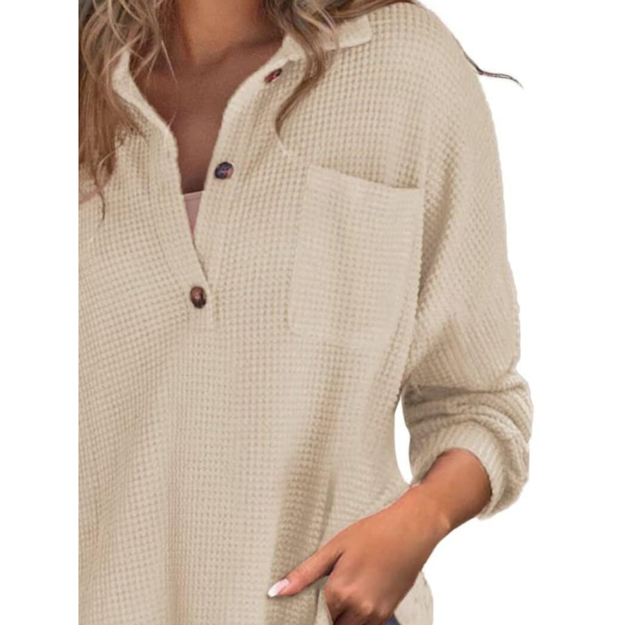 Waffle-Knit Dropped Shoulder Long Sleeve Sweatshirt Apparel and Accessories