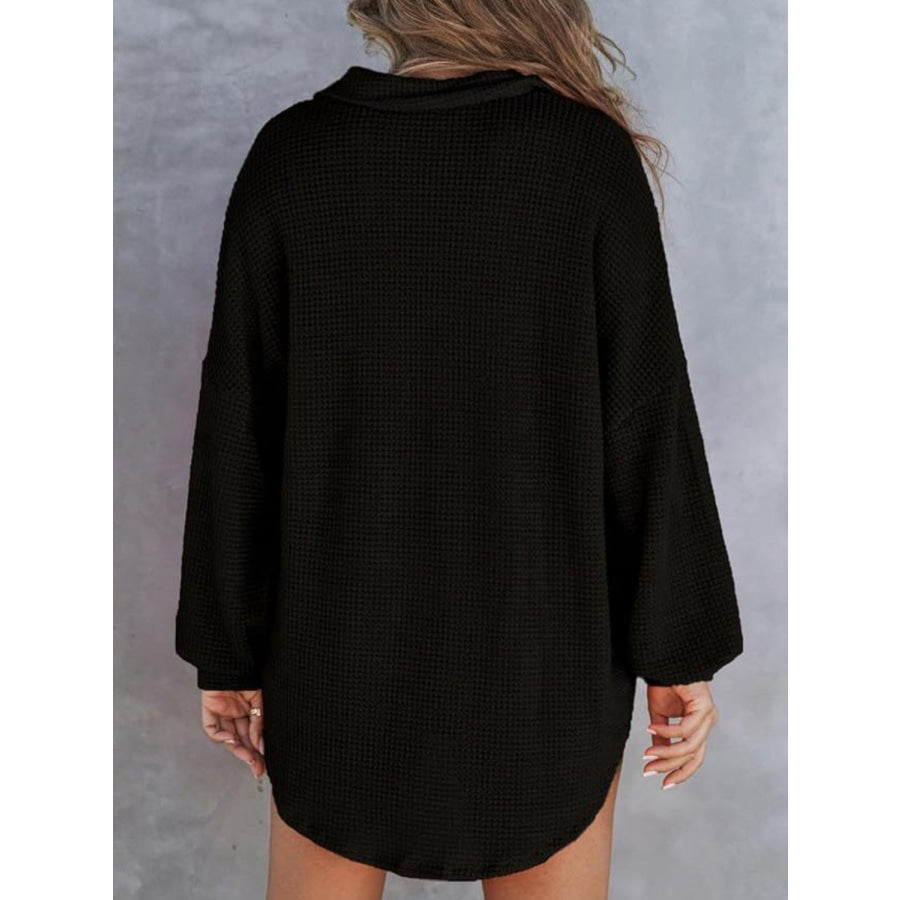 Waffle-Knit Dropped Shoulder Long Sleeve Sweatshirt Apparel and Accessories