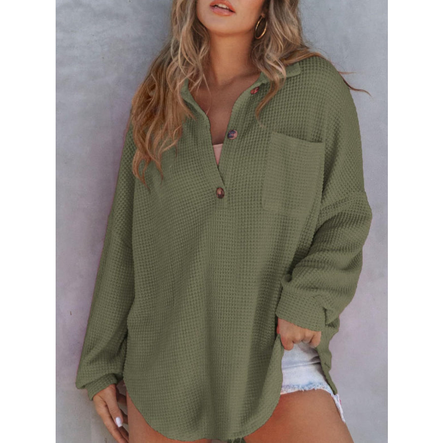 Waffle-Knit Dropped Shoulder Long Sleeve Sweatshirt Army Green / S Apparel and Accessories