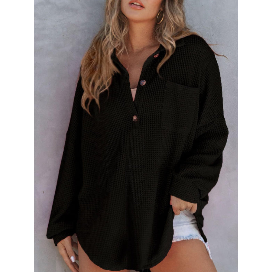 Waffle-Knit Dropped Shoulder Long Sleeve Sweatshirt Black / S Apparel and Accessories