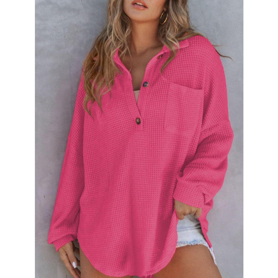 Waffle-Knit Dropped Shoulder Long Sleeve Sweatshirt Deep Rose / S Apparel and Accessories